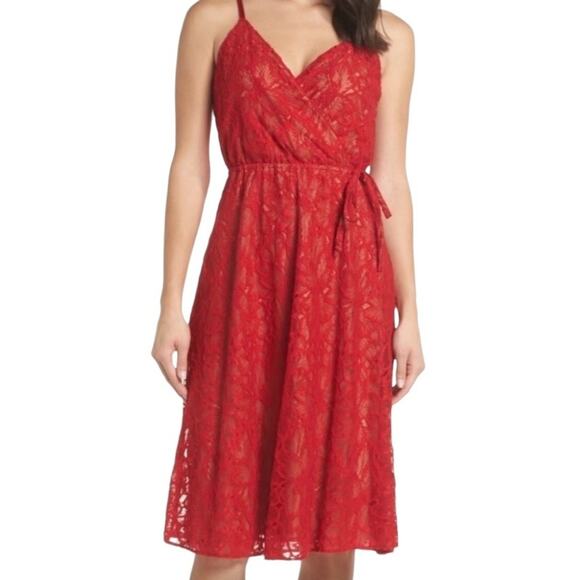 ALI & JAY Dress Womens Size S Red Lace Wrap Front Drawstring Waist Delicate Chic - Picture 1 of 12